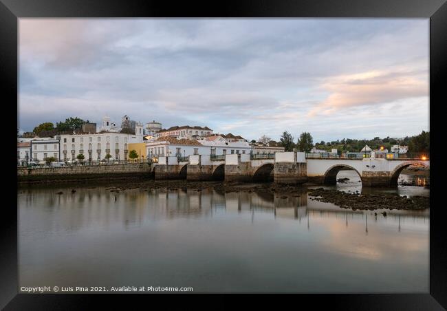 Tavira city view with river gilao in Algarve at sunset, Portugal Framed Print by Luis Pina