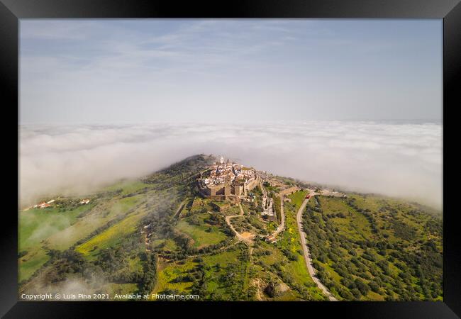 Monsaraz drone aerial view on the clouds in Alentejo, Portugal Framed Print by Luis Pina