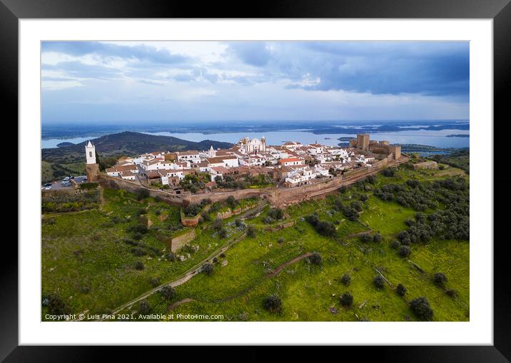 Monsaraz drone aerial view in Alentejo at sunset, in Portugal Framed Mounted Print by Luis Pina