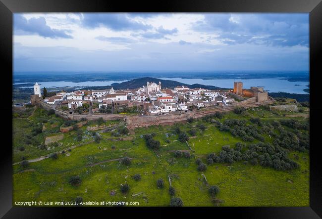 Monsaraz drone aerial view in Alentejo at sunset, in Portugal Framed Print by Luis Pina