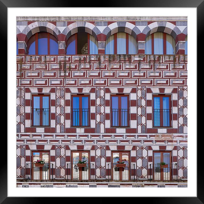 Plaza Alta red and white buildings in Badajoz, Spain Framed Mounted Print by Luis Pina