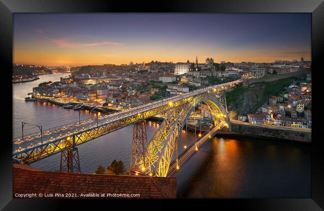Porto City View ad dawn with Douro river and D. Luis Bridge, in Portugal Framed Print by Luis Pina