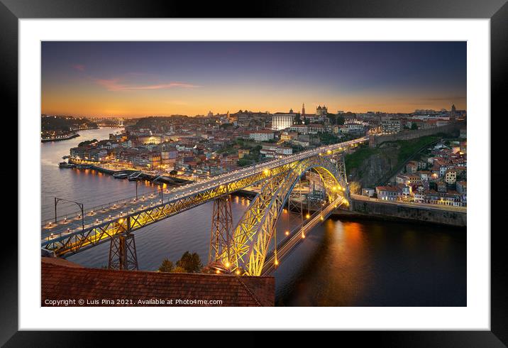 Porto City View ad dawn with Douro river and D. Luis Bridge, in Portugal Framed Mounted Print by Luis Pina