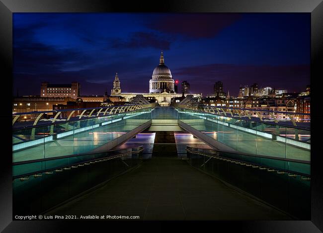 St. Paul's Cathedral and Millenium Bridge in London at night, in England Framed Print by Luis Pina