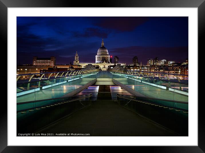 St. Paul's Cathedral and Millenium Bridge in London at night, in England Framed Mounted Print by Luis Pina