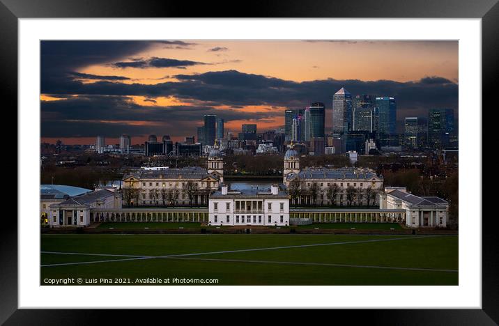 Greenwich Observatory and Canary Wharf in London at sunset, in England Framed Mounted Print by Luis Pina