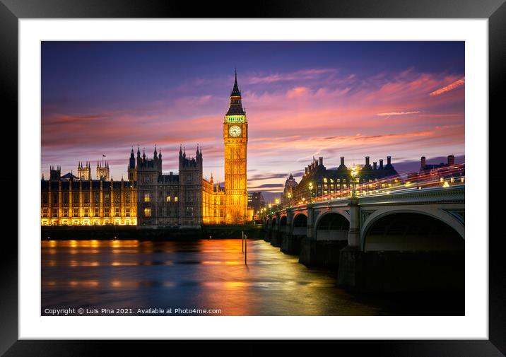 Big Ben Palace of Westminster at sunset with Thames River in London, England Framed Mounted Print by Luis Pina