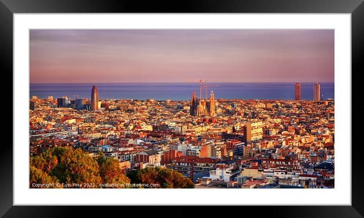 Barcelona City View at sunset in Spain Framed Mounted Print by Luis Pina