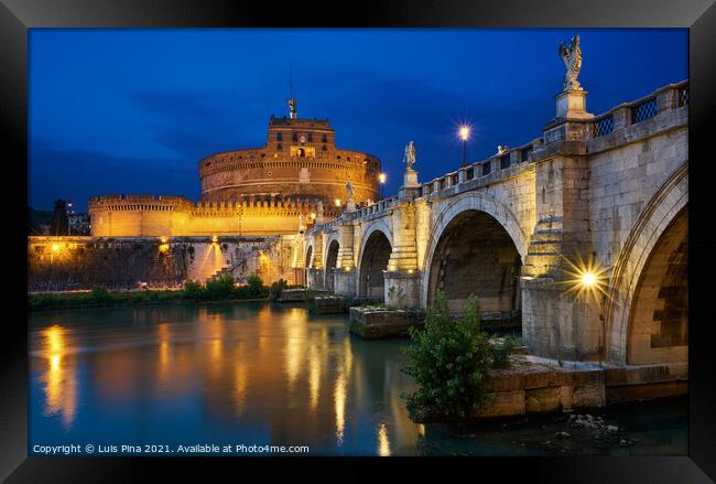 Ponte St Angelo Bridge and castle at night in Rome, Italy Framed Print by Luis Pina