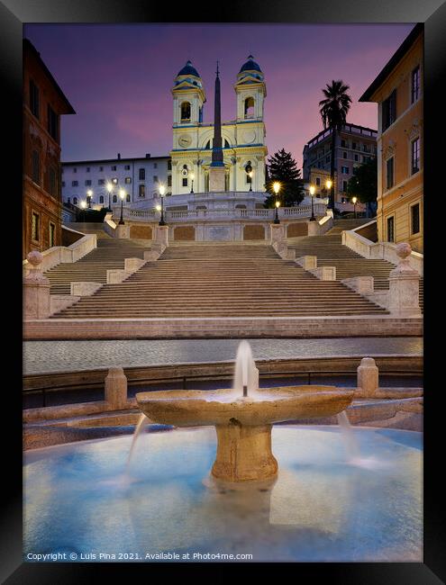 Spanish Steps in Rome, Italy at sunrise with beautiful water fountain Framed Print by Luis Pina