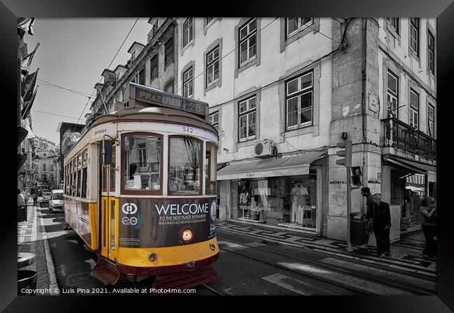 Lisbon Yellow Tram in black and white, in Portugal Framed Print by Luis Pina