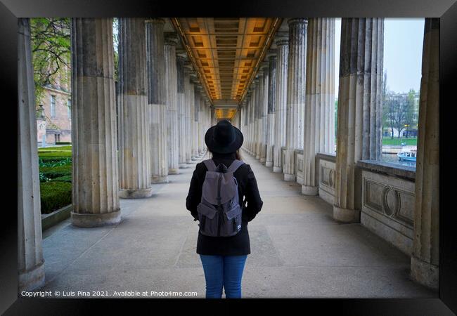 Woman on the middle of the Columns at Alte Nationalsgalerie museum in Berlin Framed Print by Luis Pina