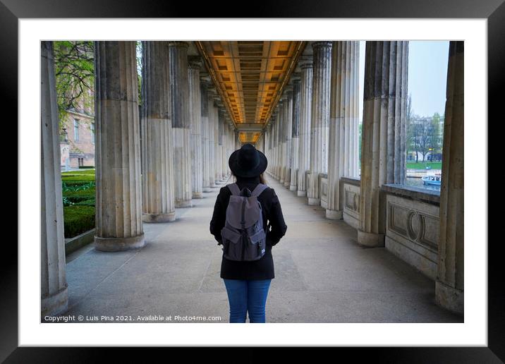 Woman on the middle of the Columns at Alte Nationalsgalerie museum in Berlin Framed Mounted Print by Luis Pina