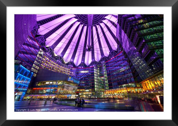Sony Center in Berlin at night with purple lights on the ceiling Framed Mounted Print by Luis Pina