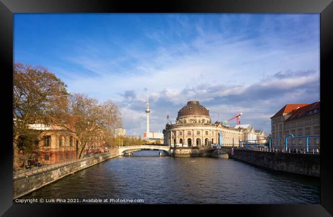 View of Bode Museum and Berlin TV Tower from Eberbruecke bridge in Berlin at sunset Framed Print by Luis Pina