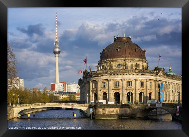 View of Bode Museum and Berlin TV Tower from Eberbruecke bridge in Berlin at sunset Framed Print by Luis Pina