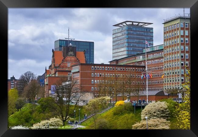 Buildings on the St. Pauli area in Hamburg from the Landungsbruecken Train Station Framed Print by Luis Pina