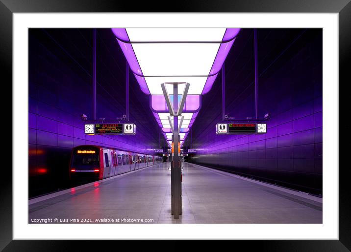 Subway station with purple lights at University on the Speicherstadt area in Hamburg Framed Mounted Print by Luis Pina