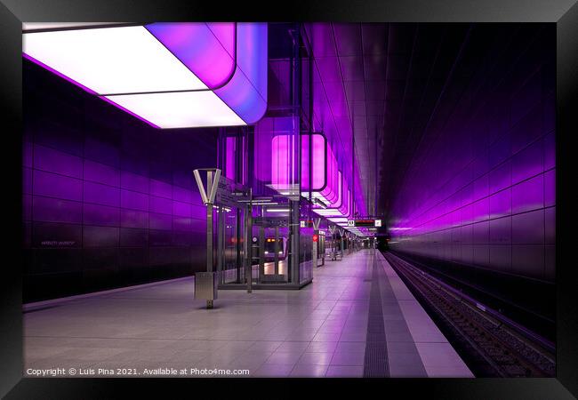Subway station with purple lights at University on the Speicherstadt area in Hamburg Framed Print by Luis Pina