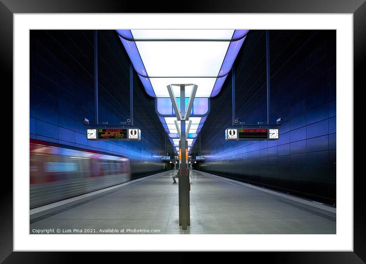 Subway station with blue lights at University on the Speicherstadt area in Hamburg Framed Mounted Print by Luis Pina