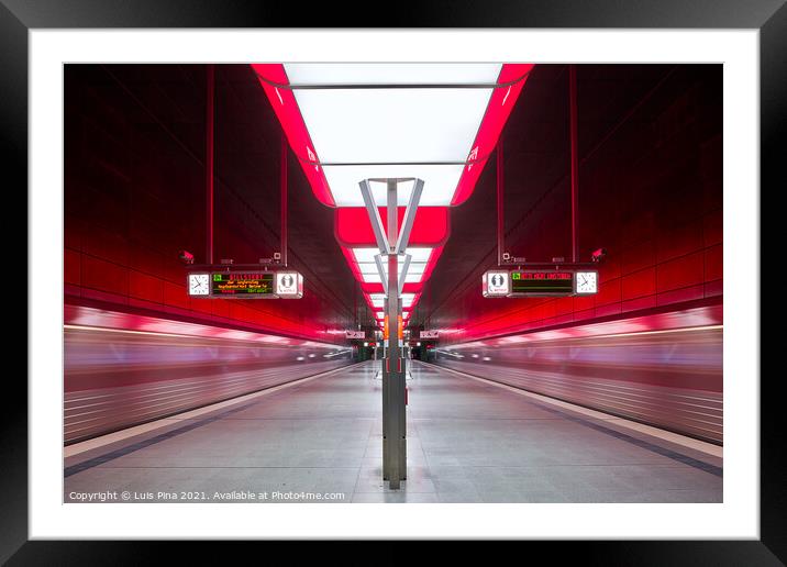 Subway station with red lights at University on the Speicherstadt area in Hamburg Framed Mounted Print by Luis Pina