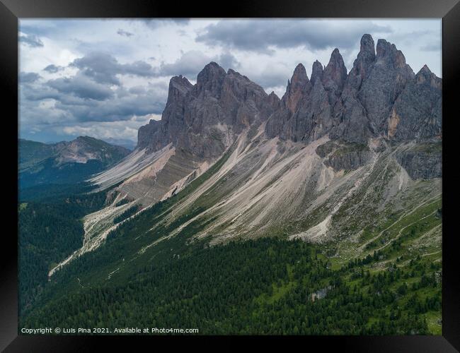 Aerial Drone photo of Santa Magdalena St Maddalena Val di Funes in Dolomites Italian Alps with Furchetta mountain peak on the background Framed Print by Luis Pina