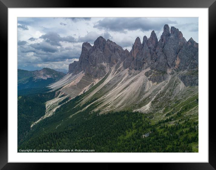 Aerial Drone photo of Santa Magdalena St Maddalena Val di Funes in Dolomites Italian Alps with Furchetta mountain peak on the background Framed Mounted Print by Luis Pina