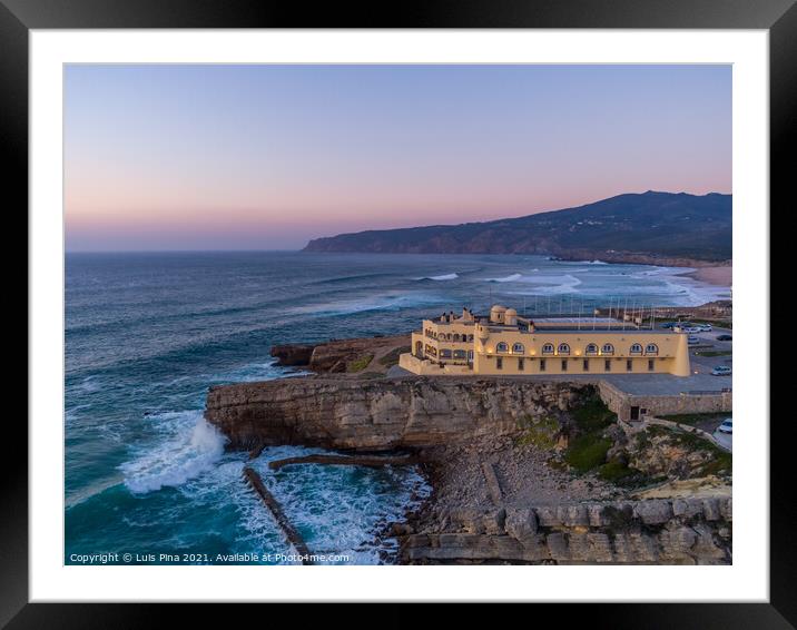 Aerial drone photo of Praia do Guincho Beach and Hotel Fortaleza at sunset in Sintra, Portugal Framed Mounted Print by Luis Pina