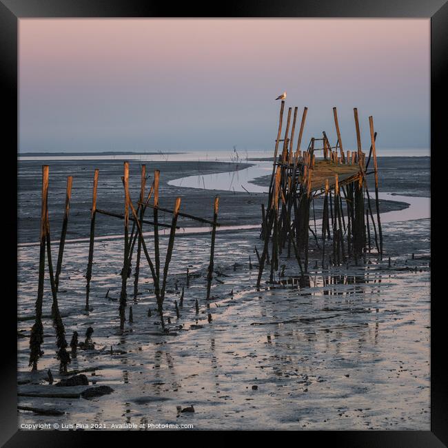 Carrasqueira Palafitic Pier in Comporta, Portugal at sunset Framed Print by Luis Pina