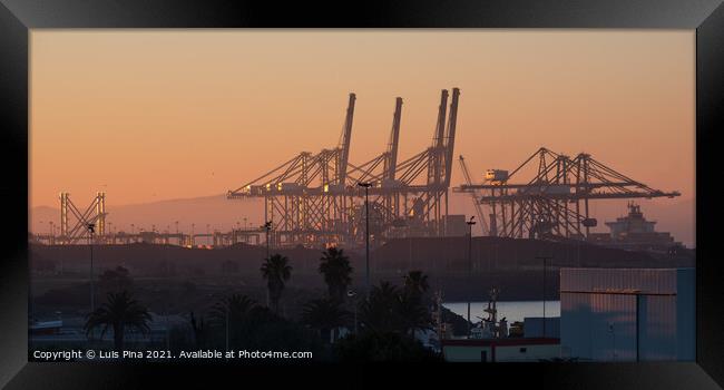Sines container port terminal with cranes at sunset, in Portugal Framed Print by Luis Pina