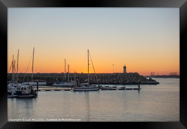 Sines marina with boats at sunset, in Portugal Framed Print by Luis Pina