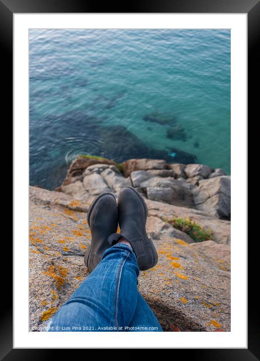 Women shoes on a turquoise water beach in Sines, Portugal Framed Mounted Print by Luis Pina