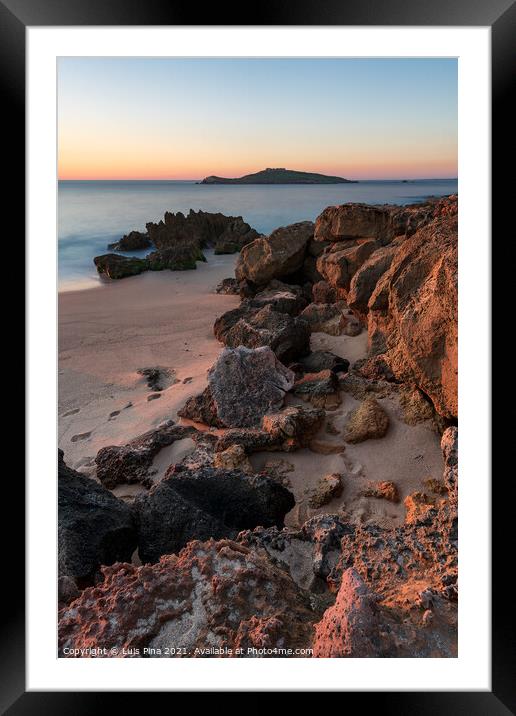 Porto Covo beach at sunset with Ilha do Pessegueiro Island on the background, in Portugal Framed Mounted Print by Luis Pina