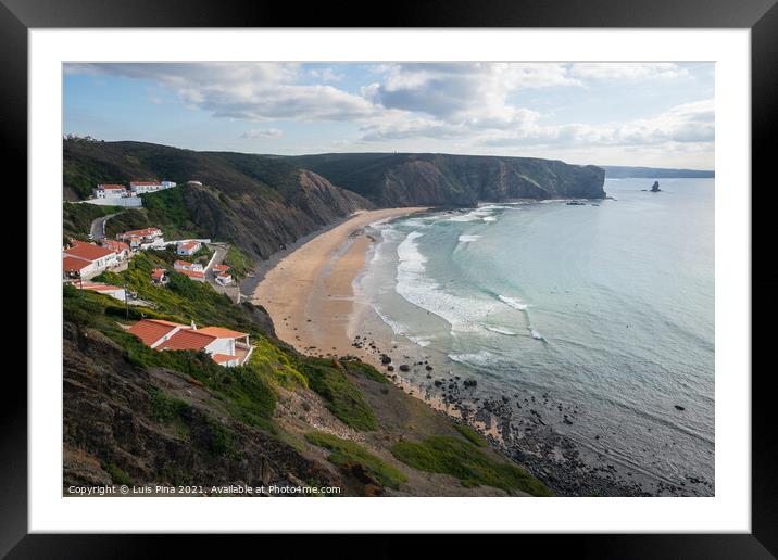Praia da Arrifana beach with surfers on the atlantic ocean Framed Mounted Print by Luis Pina
