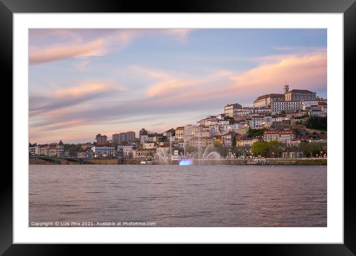 Coimbra city view at sunset with Mondego river and beautiful historic buildings, in Portugal Framed Mounted Print by Luis Pina