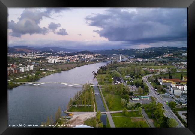 Coimbra drone aerial view of the city park, buildings and bridges at sunset, in Portugal Framed Print by Luis Pina