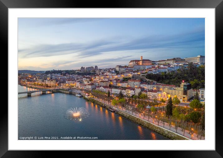 Coimbra drone aerial city view at sunset with colorful fountain in Mondego river and beautiful historic buildings, in Portugal Framed Mounted Print by Luis Pina