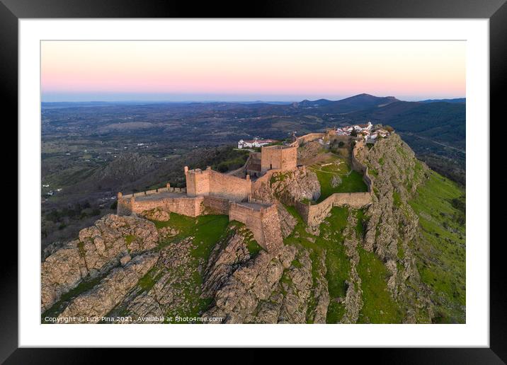 Marvao drone aerial view of the historic village and Serra de Sao Mamede mountain at sunset, in Portugal Framed Mounted Print by Luis Pina