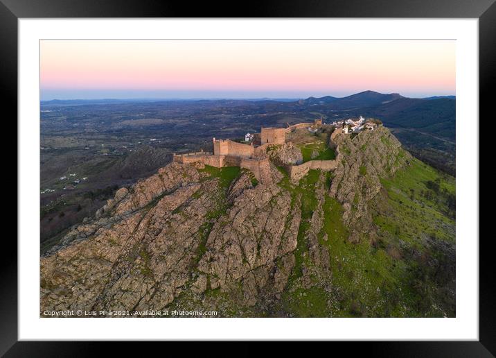 Marvao drone aerial view of the historic village and Serra de Sao Mamede mountain at sunset, in Portugal Framed Mounted Print by Luis Pina