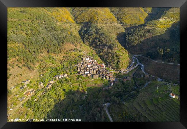 Piodao aerial drone view of schist shale village in Serra da Estrela, Portugal Framed Print by Luis Pina