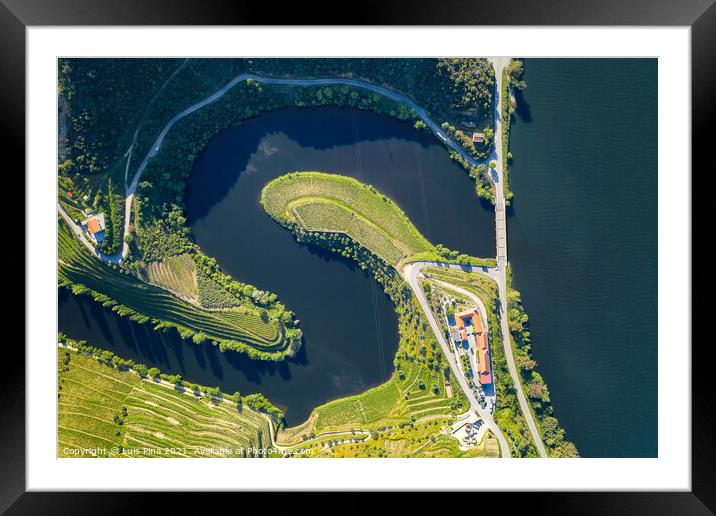 Douro wine valley region drone aerial top view of s shape bend river in Quinta do Tedo at sunset, in Portugal Framed Mounted Print by Luis Pina