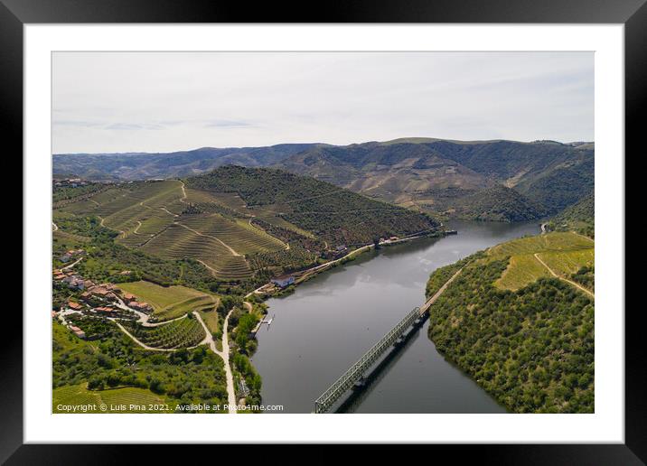 Douro railway bridge drone aerial view of river wine region in Ferradosa, Portugal Framed Mounted Print by Luis Pina