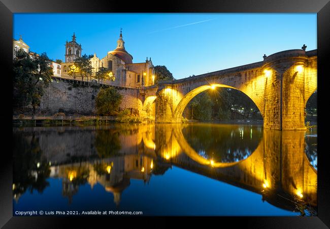 Amarante church view with Sao Goncalo bridge at night, in Portugal Framed Print by Luis Pina