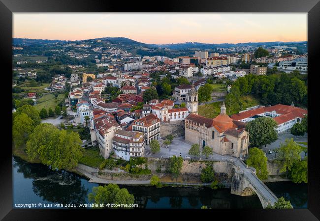 Amarante drone aerial view with beautiful church and bridge in Portugal at sunrise Framed Print by Luis Pina