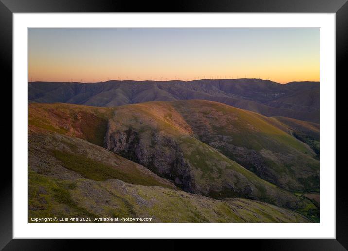 Serra da Freita drone aerial view in Arouca Geopark at sunset, in Portugal Framed Mounted Print by Luis Pina