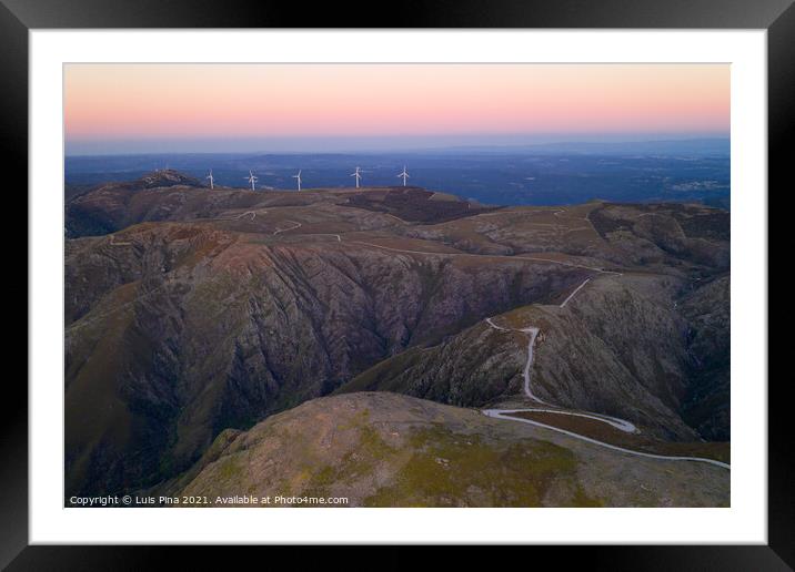 Serra da Freita drone aerial view in Arouca Geopark road with wind turbines at sunset, in Portugal Framed Mounted Print by Luis Pina
