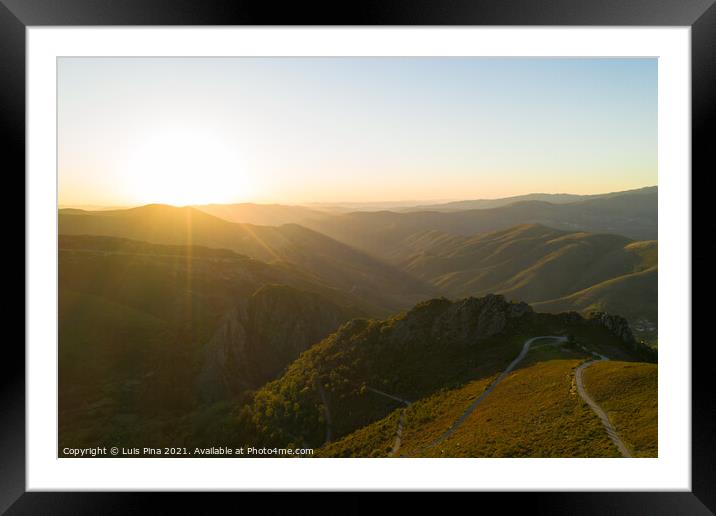 Serra da Freita drone aerial view in Arouca Geopark road at sunset, in Portugal Framed Mounted Print by Luis Pina
