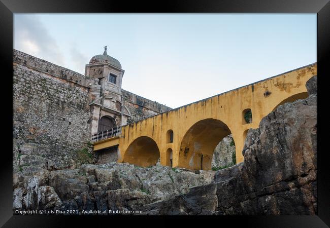 Peniche Fortress with beautiful historic bridge, in Portugal Framed Print by Luis Pina
