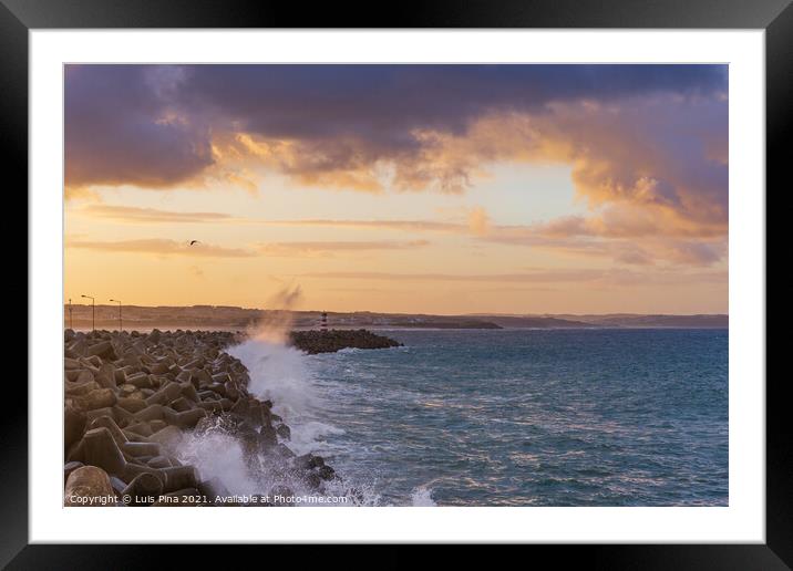 Peniche lighthouse with Supertubos beach on the background at sunset with waves crashing, in Portugal Framed Mounted Print by Luis Pina