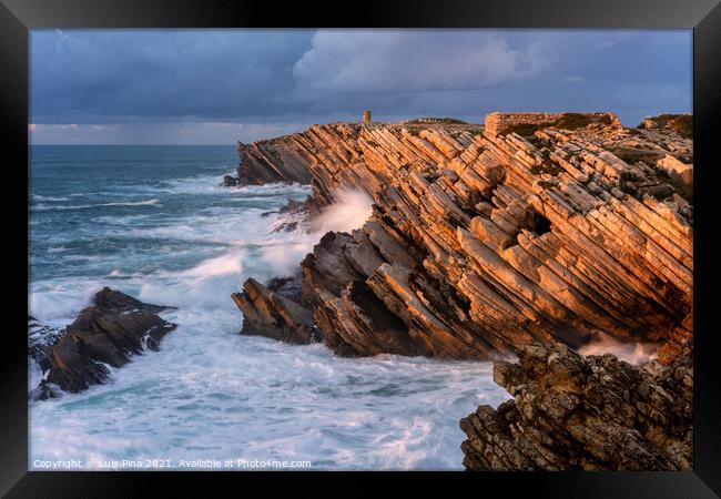 Cliffs beatiful rock details in Baleal Island with atlantic ocean crashing waves in Peniche, Portugal Framed Print by Luis Pina